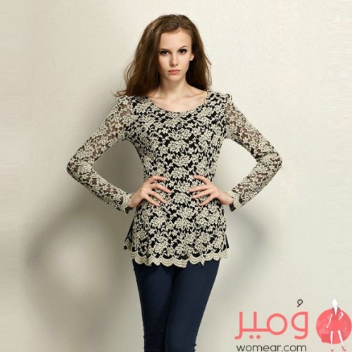 بلوزة أكمام طويلة ورقبة دائرية 