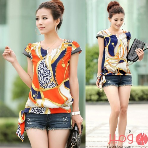 بلوزة شيفون أكمام قصيرة رائعة