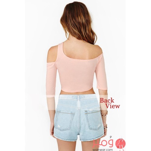 تيشرت صيفى أنيق ومثير أكتاف عارية وأكمام قصيرة ورقبة دائرية 