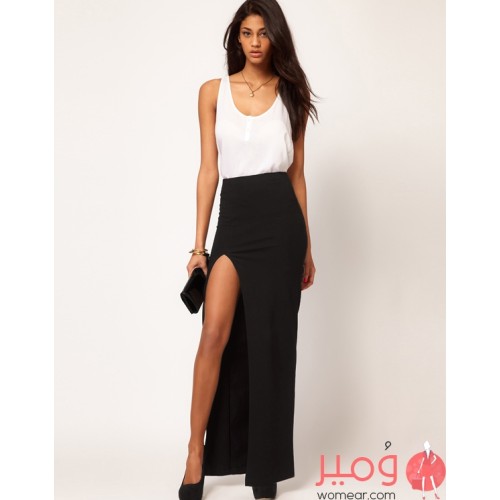 تنورة سوداء طويلة (شق من الأمام) مثيرة وجذابة  