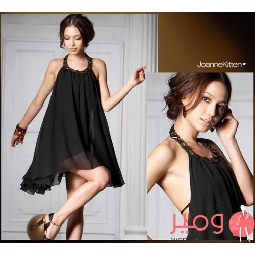 فستان صيفى قصير انيق وجذاب ذا اكمام عاريه وتنوره واسعه 