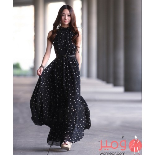 فستان صيفى طويل أنيق بتنورة واسعة وأكمام عارية 