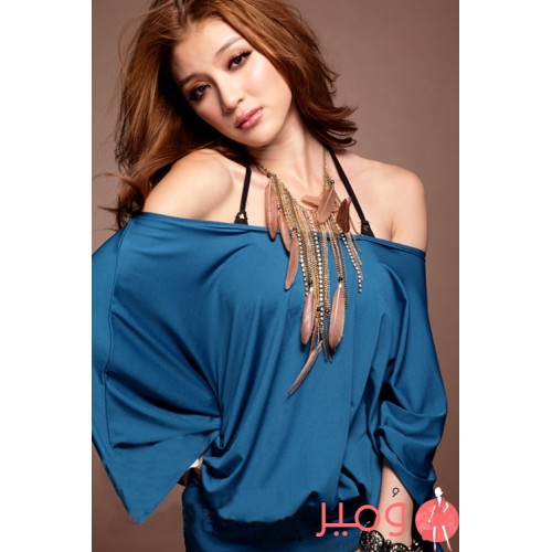 فستان صيفى قصير انيق وجذاب ذا اكتاف عاريه واكمام طويله 