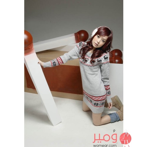 فستان قصير من الصوف أنيق وجذاب أكمام طويلة 