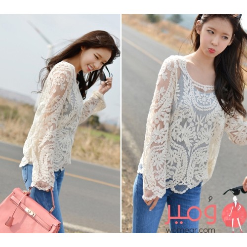 بلوزة  أنيقة وجذابة أكمام طويلة ورقبة دائرية 