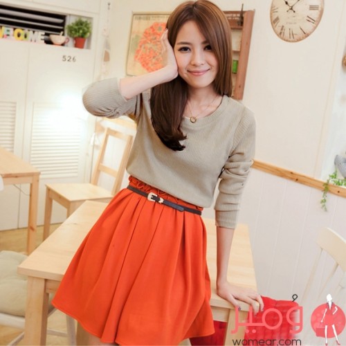 فستان خريفي كم طويل بتنورة قصيرة وحزام