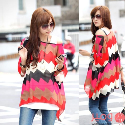 تيشرت صيفى أنيق وجذاب أكمام قصيرة مزين بخطوط تغطى كامل التصميم 