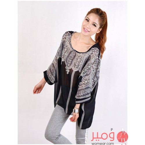 بلوزة نسائية صيفية أنيقة وجذابة أكمام طويلة ورقبة دائرية 