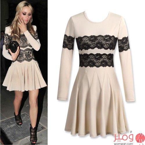 فستان صيفى قصير مثير أنيق بأكمام طويلة مزين بنقوش في منتصف التصميم  