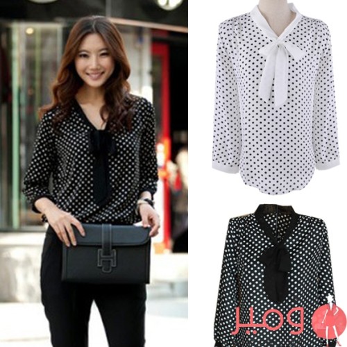 بلوزة شيفون منقطة كم طويل