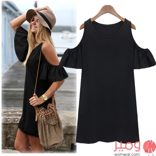 فستان قصير صيفي أنيق ومثير أكتاف عارية وأكمام قصيرة يأتى مع قبعة جميلة تمنحك مظهر أكثر تألق 