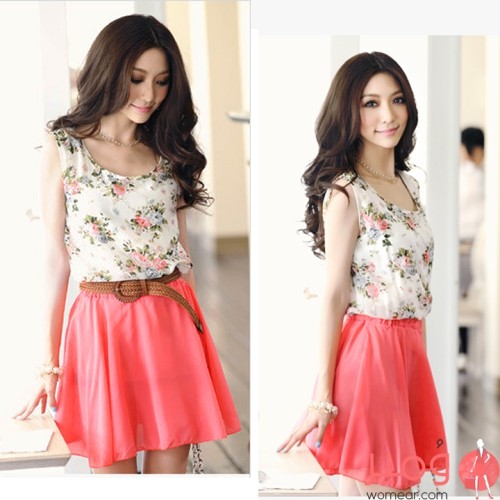 فستان صيفى قصير أنيق ومثير أكمام عارية مزين بطبعات زهور أعلى التصميم  يأتي مع حزام رفيع قابل للتعديل 