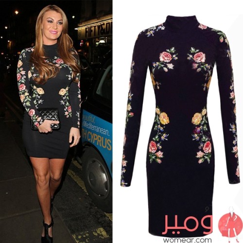 فستان صيفى قصير وجذاب أكمام طويلة قصة ضيقة مزين بطبعات زهور علي التصميم 