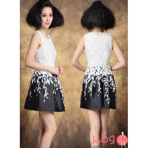 فستان صيفى قصير جذاب ومثير أكمام عارية مزين بطبعات نقوش تغطى كامل التصميم 