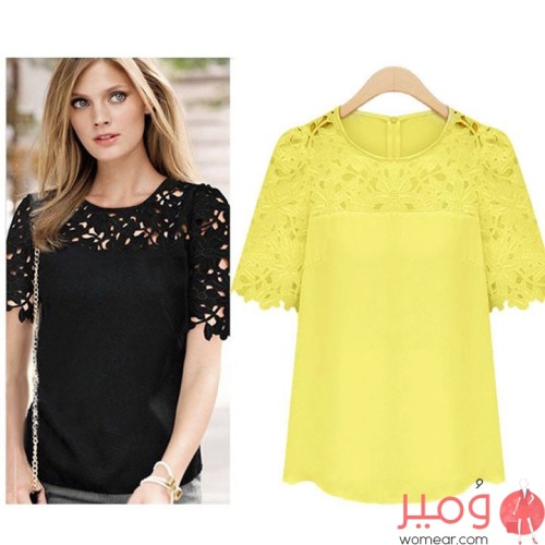 تيشرت نسائى أنيق وجذاب أكمام قصيرة من الدانتيل 