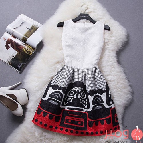 فستان صيفى قصير مثير أكمام عارية وتنورة واسعة مزين بطبعات نقوش 