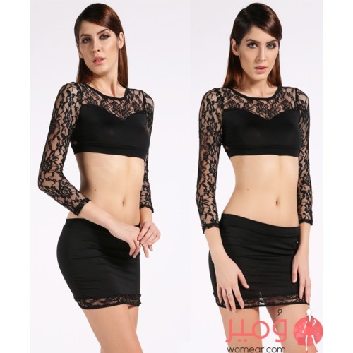 فستان صيفى  قصير قطعتين أكمام طويلة عارى البطن   