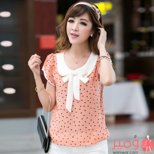 بلوزة نسائية صيفىة أنيقة أكمام قصيرة ورقبة دائرية 
