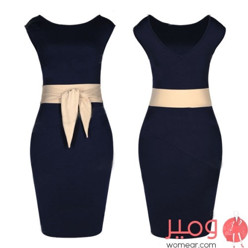 فستان أنيق عاري الذراعين بحزام 