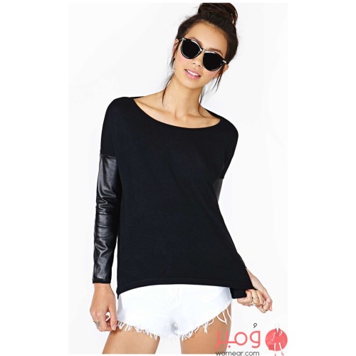 بلوزة أنيقة أكمام طويلة ورقبة دائرية 