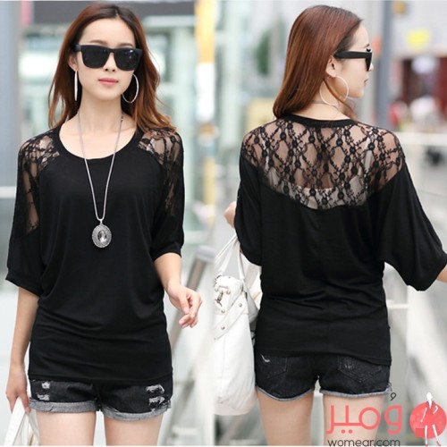 بلوزة صيفية أنيقة  أكمام قصيرة ورقبة دائرية 