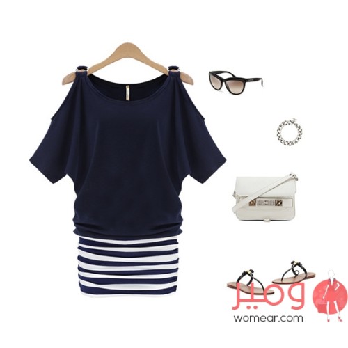 فستان  قصير بتنورة مخططة أكمام قصيرة