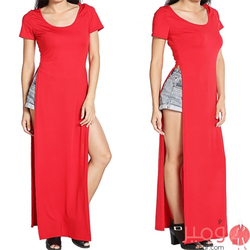 فستان  طويل أنيق به فتحات من جميع الجوانب أكمام قصيرة