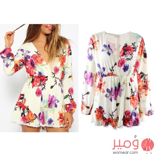 فستان  قصير أنيق أكمام طويلة  مزين بطبعات تغطى كامل التصميم 