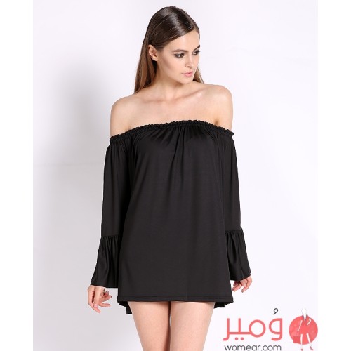 فستان أنيق مميز أكتاف عارية وأكمام طويلة  