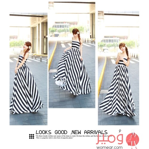 فستان  طويل أنيق وجذاب بأكمام وأكتاف عارية مزين بطبعات مخططة على كامل التصميم 