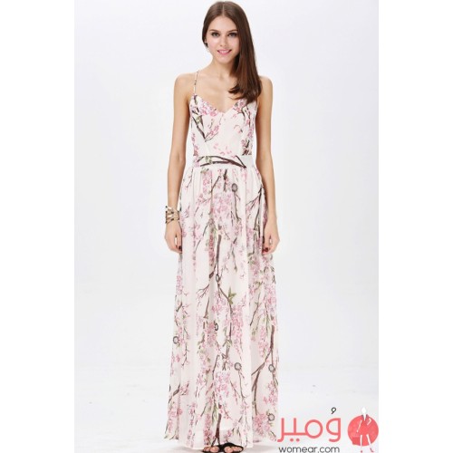 فستان  طويل أنيق أكمام عارية مزين بطبعات نقوش ملونة على كامل التصميم