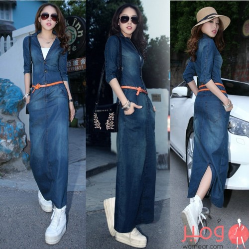 فستان دنيم طويلكاجوال أكمام قصيرة مع حزام