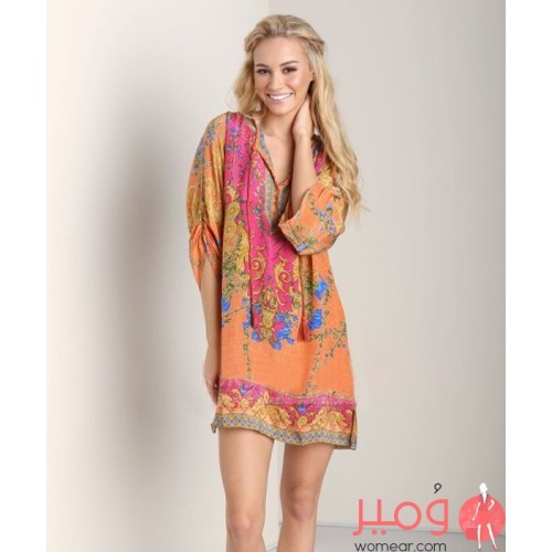 فستان صيفى أنيق ومثير مزين بطبعات نقوش تغطى كامل التصميم أكمام قصيرة 