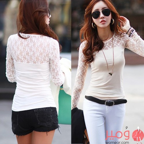 بلوزة قصيرة كاجوال كم طويل شفاف