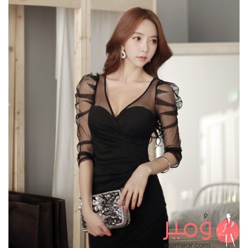 فستان صيفى  قصير أنيق قصة ضيقة أكمام قصيرة  رقبة دائرية 