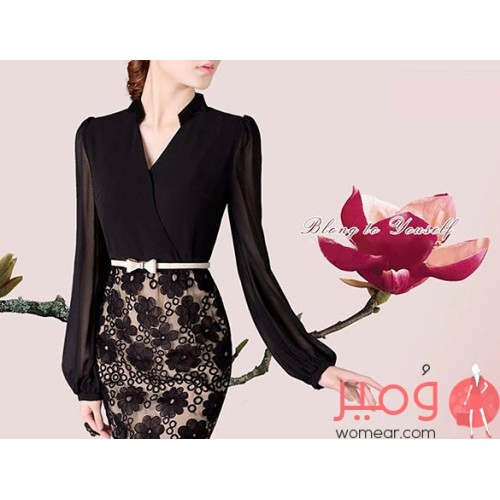 فستان صيفى  قصير مزين بطبعات نقوش أسفل التصميم قصة ضيقة أكمام طويلة 