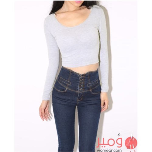 بلوزة نسائية أكمام طويلة عاري البطن 