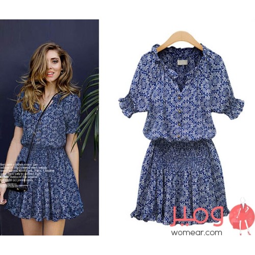 فستان صيفى قصير وأنيق أكمام قصيرة  مزين بطبعات نقوش  على كامل التصميم 