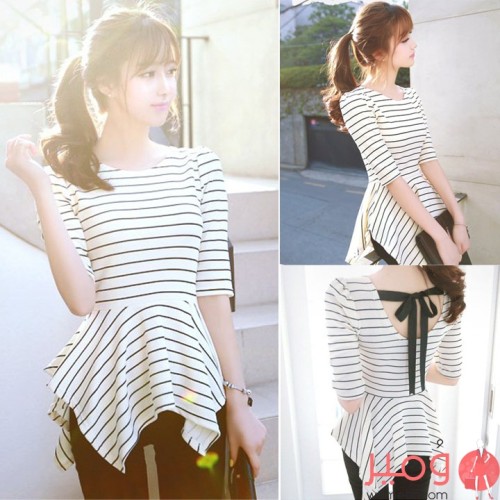 تيشرت صيفي أنيق وجذاب أكما م قصيرة مزين بخطوط علي كامل التصميم ورباط من الخلف 