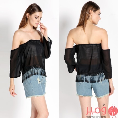  تيشرت  ناعم أكتاف عارية وأكمام طويلة 