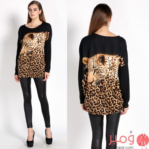 قميص كم طويل بطباعة الحيوانات وتصميم جلد الفهد