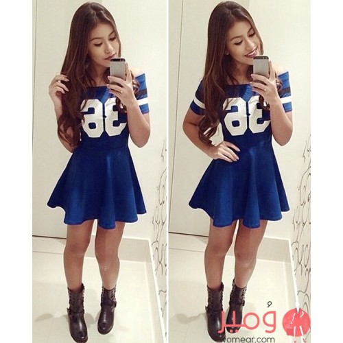 فستان  قصير أنيق وجذاب  بأكتاف عارية وأكمام قصيرة  